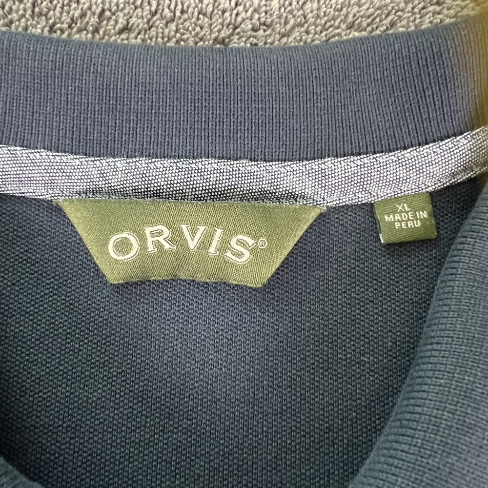 ORVIS Polo Shirt Mens XL Navy Blue Heavyweight Cotton American Flag Badge Preppy - Picture 3 of 13